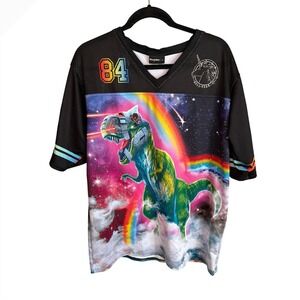 BlackMilk Hell Yeah Touchdown Jersey T-Rex Unicorn Rainbow Galaxy Mesh Shirt M
